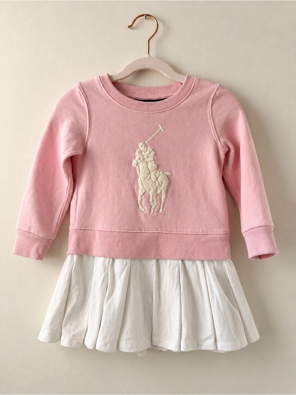 Polo Ralph Lauren Girls 3T Pink Big Pony Sweatshirt Dress White Pleated Skirt